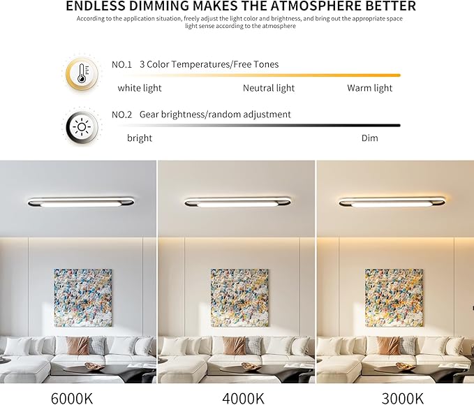 4Ft Modern Smart LED Linear Ceiling Lights Dimmable LED Ceiling Lamp with Remote Control,65W Metal/Acrylic Flush Mount Ceiling Lighting Fixtures for Kitchen Living Room Kitchen Dining Room (48")