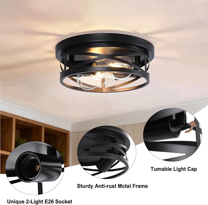COTULIN Farmhouse Black Flush Mount Ceiling Lights 2 Pack, Industrial Metal Cage Hallway Round Light fixtures with Rustic Light fixtures for Living Room Bedroom, Hallway, Kitchen (2-Light)