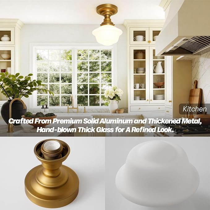 Modern Schoolhouse Semi Flush Mount Ceiling Light,Brass Gold Close to Ceiling Light Fixtures with Milky White Glass Hallway Ceiling Lamp for Laundry Kitchen Entryway Bathroom E26