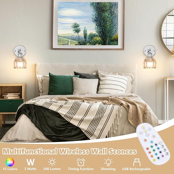 Vintage Battery Operated Wall Sconce, Amber Tulip Glass Lampshade Wireless Rechargeable Battery Powered LED Wall Light with Remote Dimmable for Bedside Bedroom Living Room, Silver, Set of 2