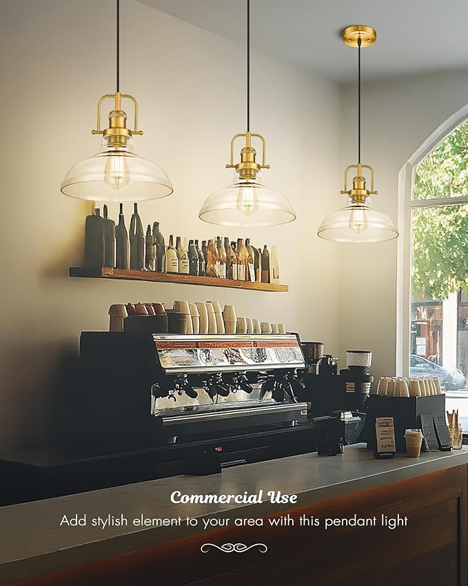 FEMILA 11" Gold Pendant Light Fixture, Vintage Pendant Lighting with Clear Glass Shade for Kitchen Island, Adjustable Hanging Light, Brushed Gold Pendant Lights, 4FY09-MP BG
