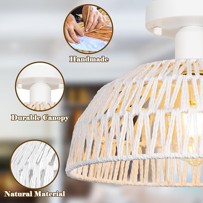 Rattan Ceiling Light Fixtures 2 Packs-White Rustic Woven Basket Flush Mount Ceiling Light, Handmade Wicker Ceiling Lamp, Rattan Chandelier For Kitchen Island, Hallway, Living Room, Bedroom, E26 Base