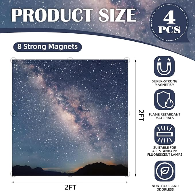 ANGSYLTH 2 x 2 Feet Fluorescent Light Covers - 4 Pcs Covers for Ceiling Lights, Magnetic Light Filters for Classroom, Office, Hospitals, Home (Starry Sky)