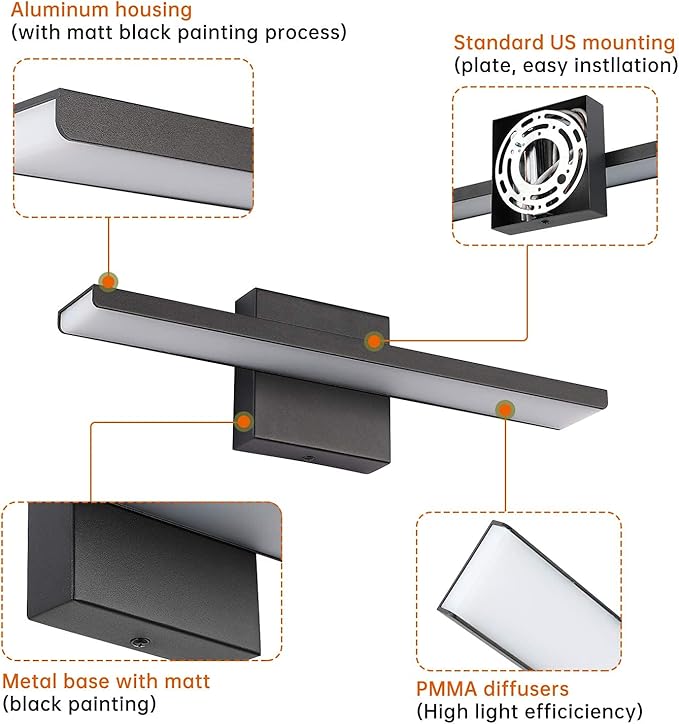 JUSHENG Black Modern LED Bathroom Vanity Light Fixtures, 16 Inch 16W Bathroom Light Fixtures Over Mirror, Wall Light Fixtures Cool White 6000K