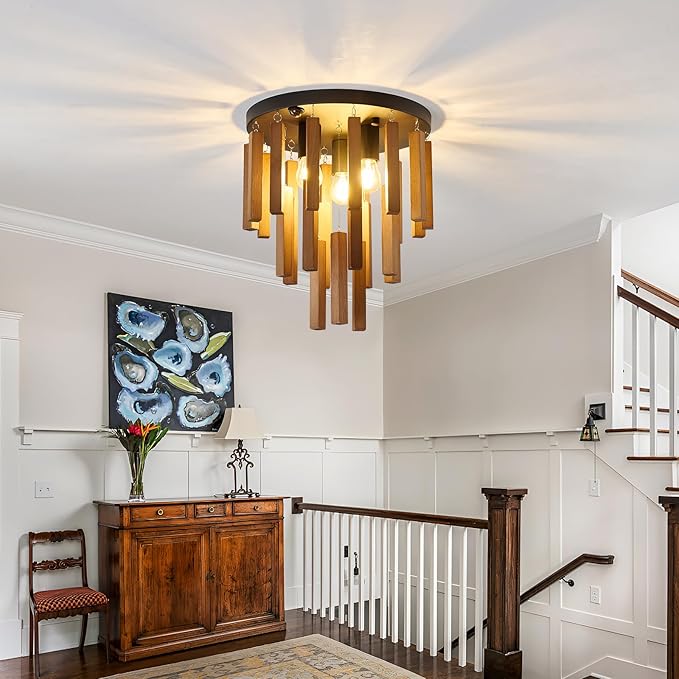 Motion Sensor Semi Flush Mount Ceiling Lights Boho Wood Light Fixture 3-Light Farmhouse Chandelier Oak and Black Ceiling Lighting with E26 for Kitchen Living Room Entryway Bedroom Dining Room