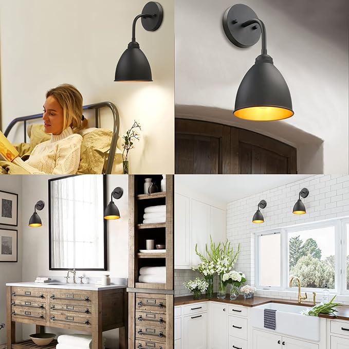 Phansthy Industrial Wall Sconce Matte Black Barn Farmhouse Wall Light Fixture with Metal Lampshade (gooseneck)