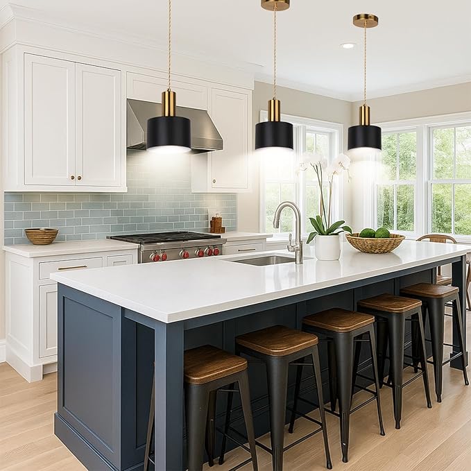 Battery Operated Pendant Light Set of 2, Black with Gold Battery Chandelier with 5200mah Rechargeable Remote Light Bulb, Hanging Island Light for Kitchen Bedroom Dinning Room