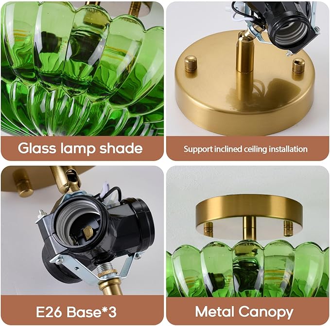 Semi Flush Mount Ceiling Light, Green Glass Ceiling Light Fixture, 3-Bulb Gold Close to Ceiling Light, Vintage Glass Ceiling Lights for Bedroom Kitchen Living Room, Support inline roof installation