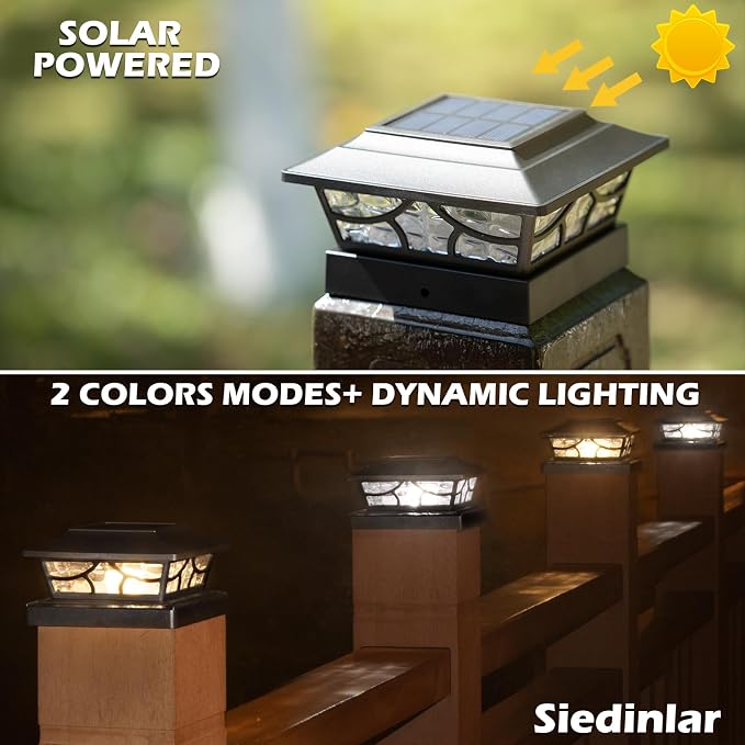 SIEDiNLAR Solar Post Lights Outdoor 4 Modes Fence Deck Post Cap Light for 4x4 5x5 6x6 Vinyl Wooden Posts Garden Patio Decor, Warm White & Cool White Dynamic Lighting Black (8 Pack)