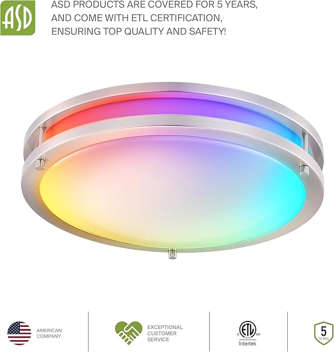 ASD LED 16" Round Flush Mount Lighting, Close to Ceiling Light Fixture | Smart, Multicolor, Dimmable, ETL Listed | 24W 1575LM RGB-2700-6500K 120V | Low Profile Double Ring Lamp | Nickel