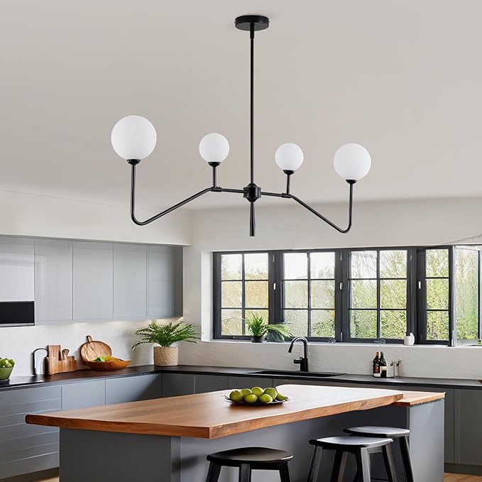 Black Linear Kitchen Light Fixture, 4-Light Globe Glass Pendant Light with Matte Black Metal Frame & Milk White Glass Shades, Adjustable Height Chandelier for Dining Room Kitchen Island