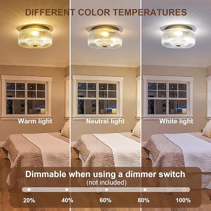 11.8 Inch Gold Flush Mount Ceiling Light, Mid-Century Modern Luxury 3-Light Close to Ceiling Light Fixture with Clear Striped Glass Shade, Elegant Lighting for Bedroom Hallway Kitchen Entryway Foyer