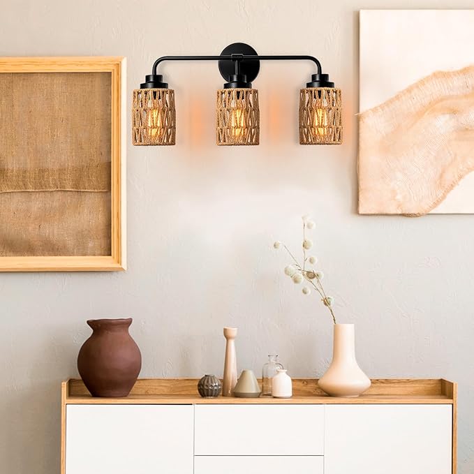 3-Light Bathroom Light Fixtures Vanity Lights Over Mirror, Rustic Farmhouse Rattan Wall Sconce with Boho Hand Woven Wall Lamp Natural Style Wall Mounted Light Vanity Lighting for Bedroom Hallway