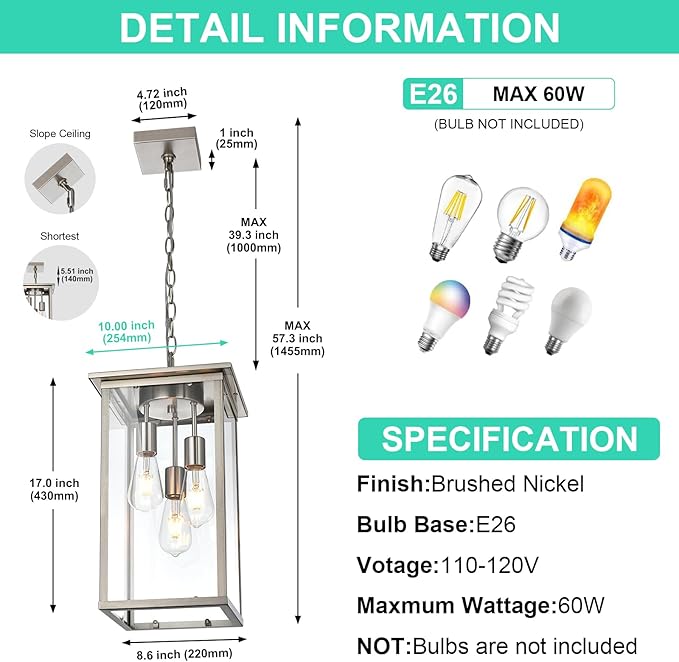 Yaohong Large Outdoor Chandelier for Porch, 3-Light Brushed Nickel Outdoor Pendant Light Fixture Rust-Resistant Metal with Clear Glass, Adjustable Exterior Pendant Light for Porch Entrance Foyer Front