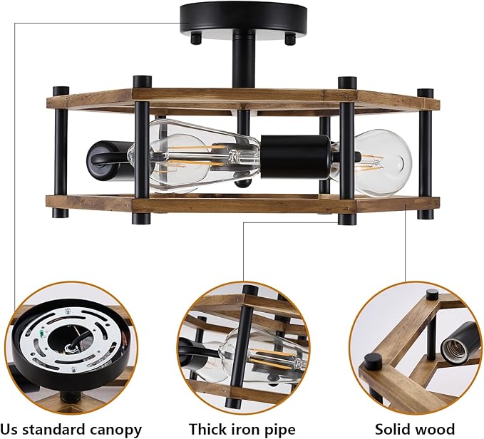 Dijiahua 3-Light Rustic Farmhouse Wood Flush Mount Ceiling Light Fixture, Black Semi Flush Mount Ceiling Lighting with Oak Wooden and Hexagonal Cage for Hallway Entryway Bedroom Kitchen