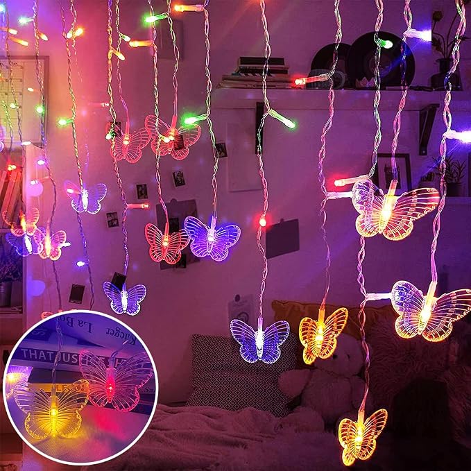 Lainin 13FT 96 LED USB Powered Curtain Lights 16 Butterflies Twinkle Lights 8 Modes Fairy String Lights for Party Indoor Outdoor Room Garden Wall Wedding Christmas Xmas Decorations (Multi Color)