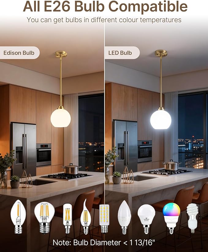 Majade Globe Pendant Lights Kitchen Island Pendant Light Fixtures 7.4 Inch Gold Mid Century Modern Globe Pendant Lighting with Milk Glass Adjustable Hanging Light Fixtures for Dining Room(2 Pack)