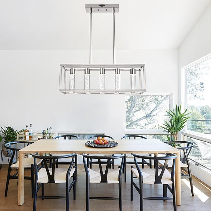 MELUCEE 5 Lights Chandeliers for Dining Room with Crystal Bubble, 25W 5 Color Dining Room Light Fixture Brushed Nickel, LED Island Lights for Kitchen Island Billiard Room, 3000-6000K Adjustable