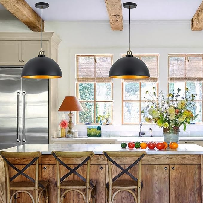 13.78" Modern Industrial Black Pendant Light Vintage Farmhouse Black Gold Pendant Light Fixtures Retro Dome Golden Pendant Lights for Kitchen, Dining Room, Bedroom, Hallway, Entryway, Bars