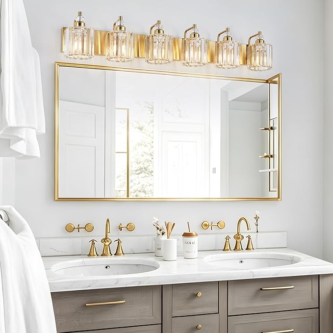 6-Light Modern Vanity Lights Brushed Brass Bathroom Light Fixtures Over Mirror Gold Bathroom Vanity Lighting with Crystal Shade E26 Base Wall Sconce for Bedroom Living Room Restroom Wall Lamp