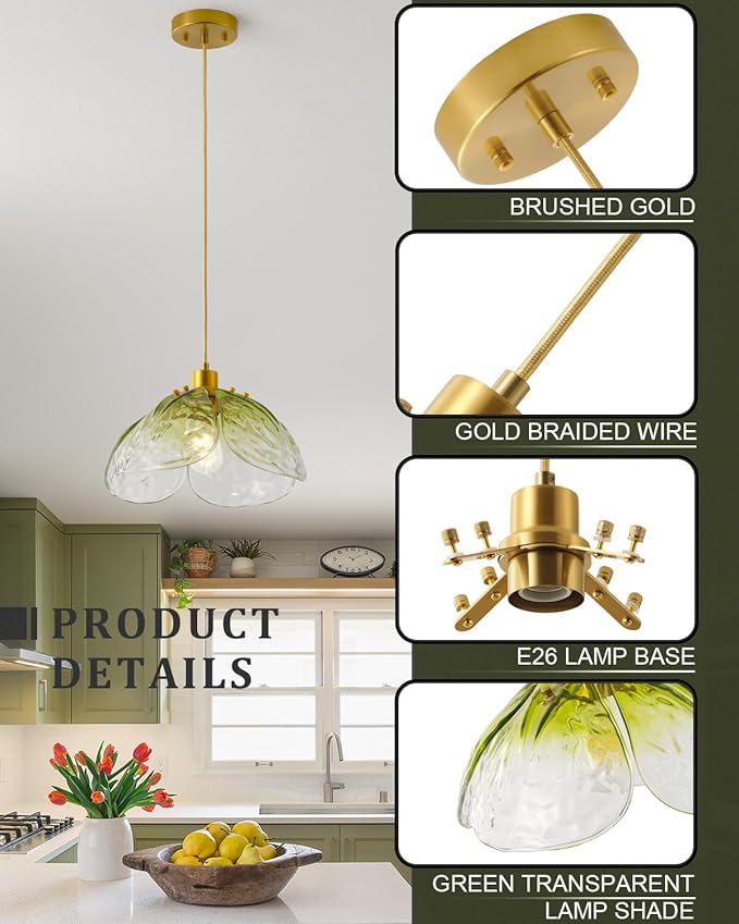 Vintage Gradient Green Pendant Light,Bronze Pendant Lighting Fixture with Handmade Leaf Glass for Bedroom,Kitchen,Hallway,Entryway