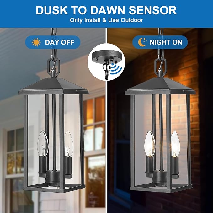 Outdoor Pendant Light for Porch Chandelier Outdoor Pendant Lights 2-Light with Clear Glass, Dusk to Dawn Modern Hanging Porch Lights Exterior Hanging Light Fixture for Patio Gazebo