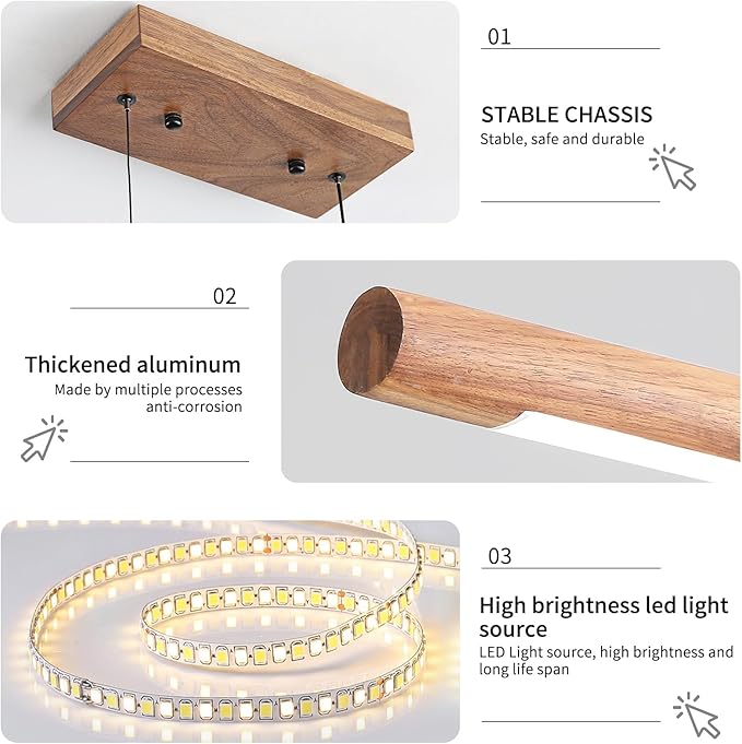 Modern Wooden Pendant Light, 47IN Walnut Wooden Chandelier with Remote Control 3000k-6500K Adjustable Color Temperature，Aluminum Island Lighting Lamp for Dining Room, Living Room, Kitchen