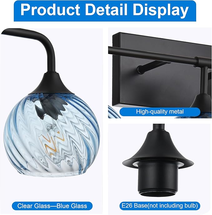 MELUCEE 5-Light Bathroom Light Fixtures 42 Inches, Matte Black Vanity Lights with Blue Striped Swirl Glass Shade, Mid-Century Modern Bathroom Vanity Light Over Mirror