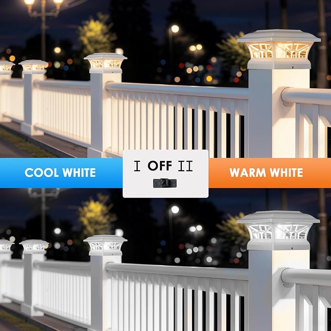 2 Pack Solar Post Cap Lights Outdoor Waterproof, Fits 4x4, 5x5, 6x6 Wooden & Vinyl Fence Decks with Warm & Cool White Light Modes (Classic White, 2)