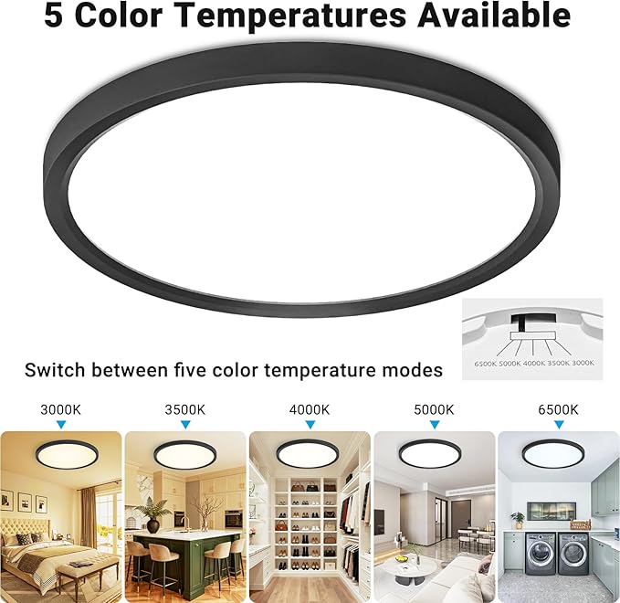 LED Flush Mount Ceiling Light,15Inch 30W,3000K/3500K/4000K/5000K/6500K 5 Color Temperatures Ceiling Light Fixture for Kitchen Porch Hallway Bedroom Bathroom and Closet,Black