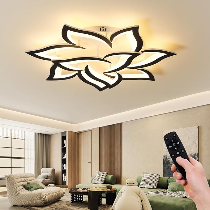 JAYMP 31.5" Flower Shaped Ceiling Light Dimmable Modern Ceiling Lamp Remote Control LED Lighting Fixture for Living Room Bedroom Dining Room (Black/10 Petals)