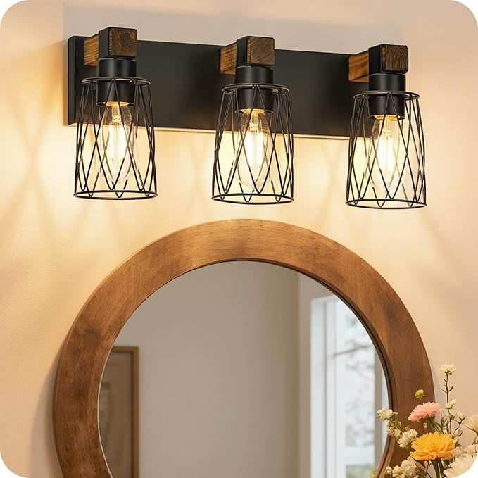 Industrial Farmhouse Bathroom Vanity Light, 3-Light Wood and Metal Wall Light Fixture, E26 Bulbs Not Included, for Bathroom, Vanity, Hallway, Black and Rustic Brown B19BD05