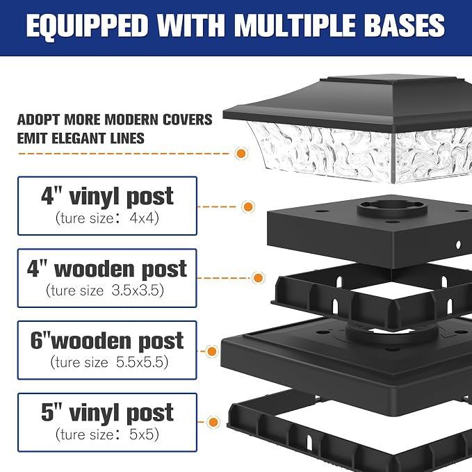 VOLISUN Solar Post Cap Lights Outdoor 4x4/6x6 Wooden/Vinyl Fence Cap Lights for Patio/Garden,Warm White with 2 Lighting Modes Waterproof,ABS Shell Lens Black (6 Pack)