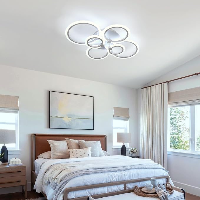 DELIPOP Modern Ceiling Light, White 6 Rings Flush Mount Ceiling Light, 31 Inch 6500K Cool White Led Chandelier Lighting for Bedroom, Living Room, Kitchen, Dining Room