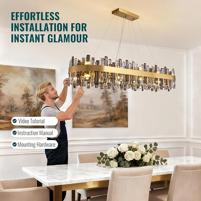 Siljoy Gold Crystal Chandelier for Dining Room, Large Modern 2-Tiers K9 Crystal Raindrop Chandelier, 20 Lights Luxury Adjustable Hanging Ceiling Light for Living Room Kitchen Island Bar L52''
