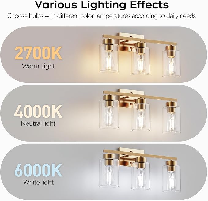 PARTPHONER 3-Light Bathroom Light Fixtures, Brushed Gold Vanity Light with Clear Glass Shade, Modern Wall Sconce for Mirror Bedroom Living Room Hallway Lighting