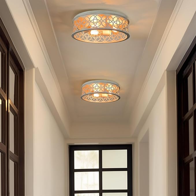 Kira Home Blythe 17" 3-Light Rustic Farmhouse Flush Mount Ceiling Light + Metal Cage Drum Shade, Antique White Finish