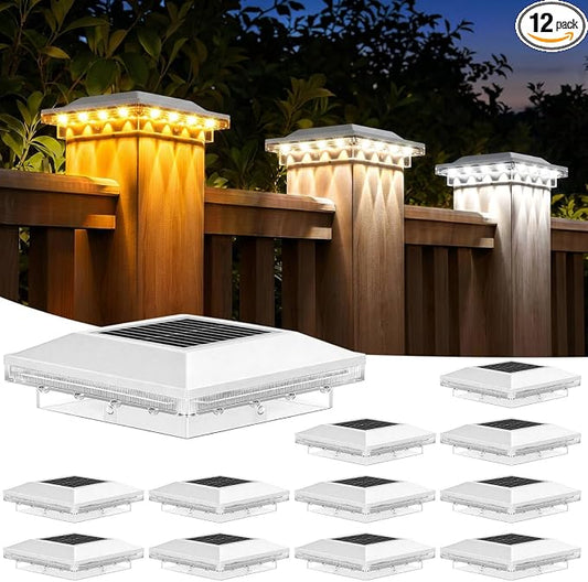 Brightever Solar Post Cap Lights Outdoor 12-Pack, Waterproof Solar Fence Post Lights for 4x4 Wood/Vinyl Posts, Solar Powered Deck Post Lights with 3 Lighting Modes, Decorate Garden Patio Porch, White