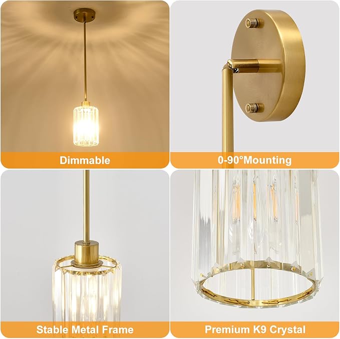 Crystal Pendant Lights, 3 Pack Brushed Gold Pendant Lights for Kitchen Island, Modern Mini Crystal Hanging Light Fixtures for Kitchen, Dining Room, Hallway, Foyer, Entryways