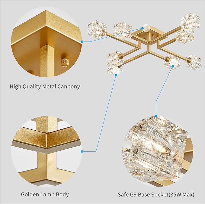 XINGQI Modern Ceiling Light 8 Lights Industry Semi Flush Mount Ceiling Light Fixture, Antique Gold Sputnik Chandeliers Mid Century for Bedroom, Dining Room, Farmhouse Kitchen, Office