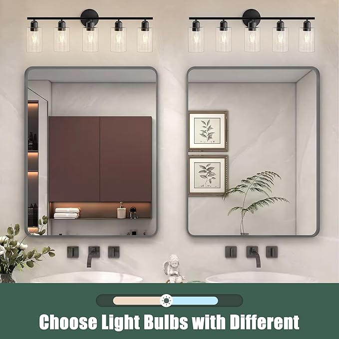 Espird Bathroom Vanity Light Fixtures Matte Black Bathroom Lighting Fixture, 5 Lights Bathroom Light Fixture Over Mirror, Modern Black Vanity Light, Wall Sconces with Glass Shades