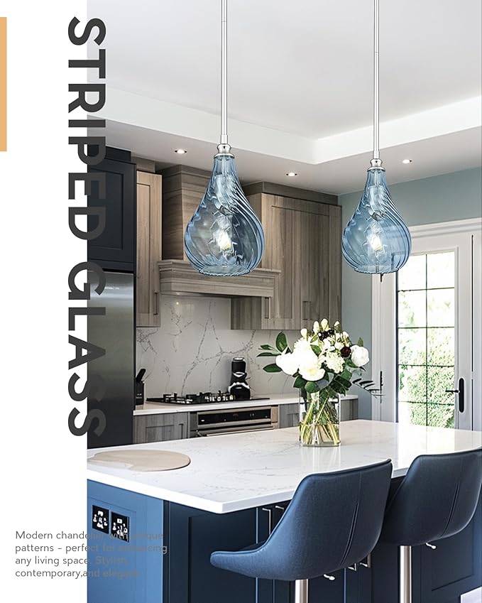 TENGXIN 2 Pack Kitchen Pendant Lighting Over Island 6 Inch,Hanging Pendants Light,Brushed Gold Finished Striped Glass Pendant Light,Farmhouse Pendant Light for Dining Room,Bedroom