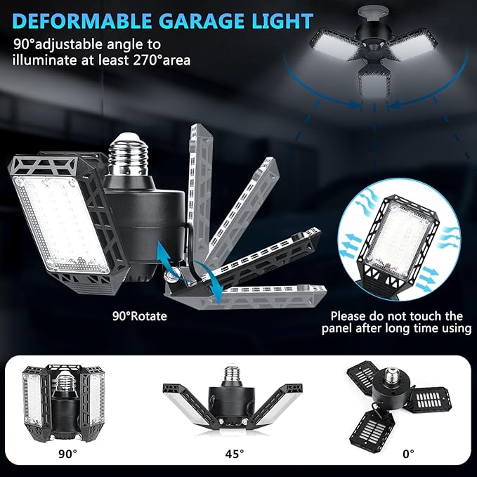 4 Pack Led Garage Lights, 60W Deformable Garage Ceiling Light 8000 lm E26 Basement Lights with 3 Adjustable Led Panels, Fits for Warehouse, Workshop, Barn, and Yard