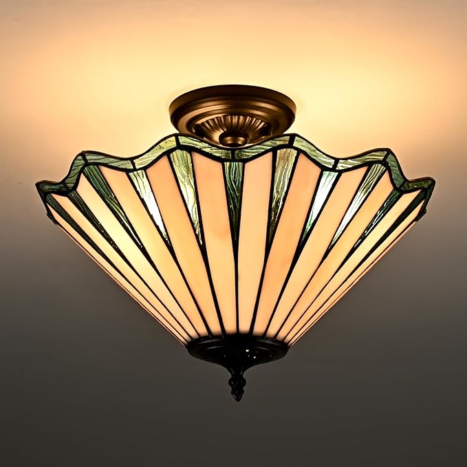 Tiffany Ceiling Lights, Stained Glass Semi Flush Mount Light 16-Inch 3-Light Mission Style Tiffany Light Fixtures Ceiling Mount for Hallway Kitchen Bedroom Foyer Dining Living Room