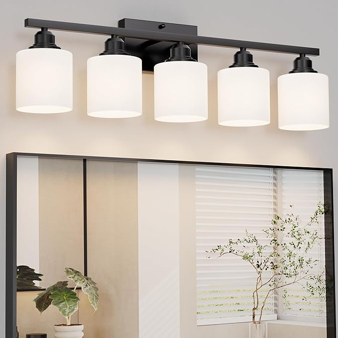 Sailstar 5-Light Bathroom Light Fixtures Over Mirror, Matte Black Vanity Lights, Modern Bathroom Vanity Light, Glass Shade & Anti-Rust Nickel Finished, Bathroom Light for Small Space