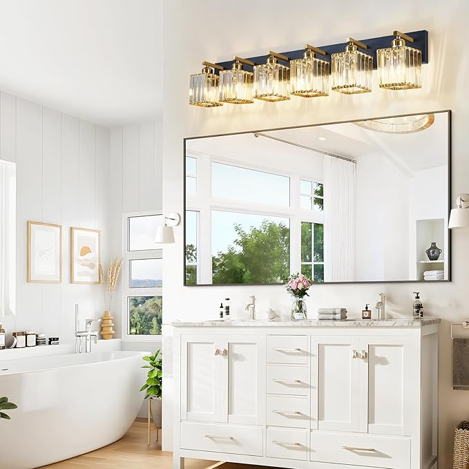 Modern Crystal Bathroom Vanity Light 6-Lights Modern Black Gold Crystal Bathroom Wall Light Over Mirror Vanity Light Fixtures