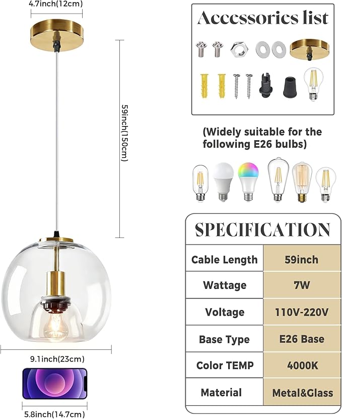 9.1in Large Clear Glass Pendant Light for Kitchen Island – 2-Pack with Extra LED Bulbs & 4.92ft Adjustable Cord | Modern Minimalist Lighting for Dining Room, Living Room, Entryway