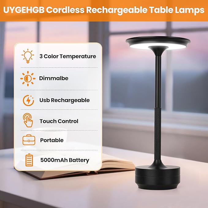 Cordless Table Lamp Rechargeable 5000mAh, 3-Color Stepless Dimming Touch Sensor, Portable LED Desk Light for Bedroom, Nightstand, Camping, Patio (1-Pack Black)