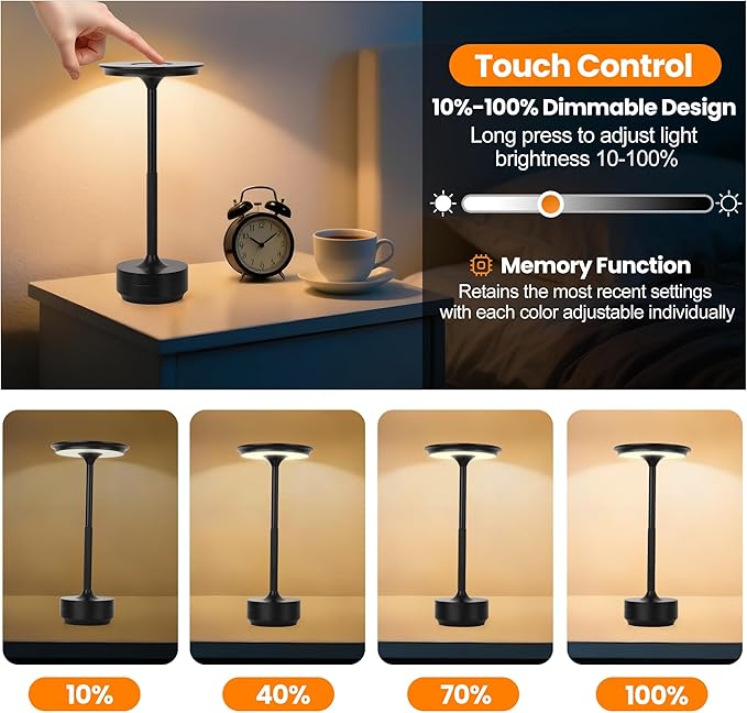 2-Pack Cordless Table Lamp Rechargeable 5000mAh, 3-Color Stepless Dimming Touch Sensor, Portable LED Desk Light for Bedroom, Nightstand, Camping, Patio (2-Pack Black)