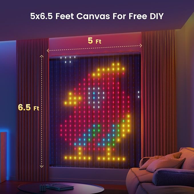 Smart Curtain Lights, 5 x 6.5 ft RGB LED Curtain Lights with App Control, 475 LEDs, 100+ DIY Patterns, 20+ GIF Scene Modes, Music Sync, IP65 Waterproof Lights for Bedroom, Window, Party, Outdoor Decor